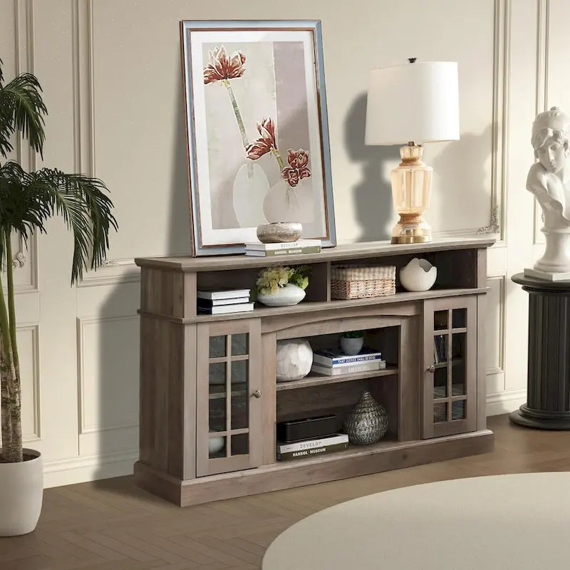 Classic TV Media Stand Glass Door Cabinet Open Shelves 65 Inch Espresso Dark Gray Wash
