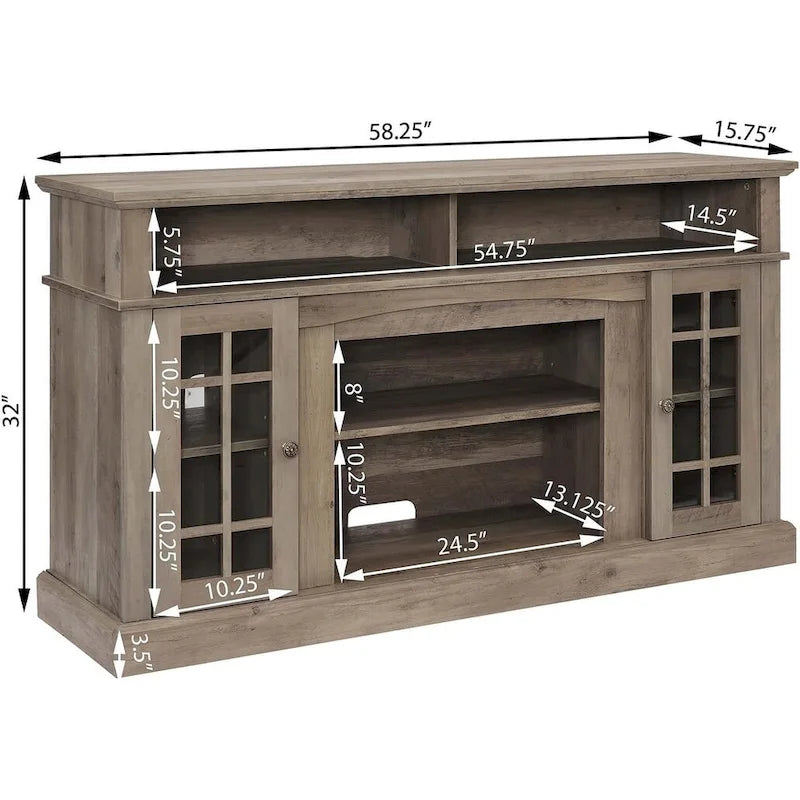 Classic TV Media Stand Glass Door Cabinet Open Shelves 65 Inch Espresso Dark Gray Wash