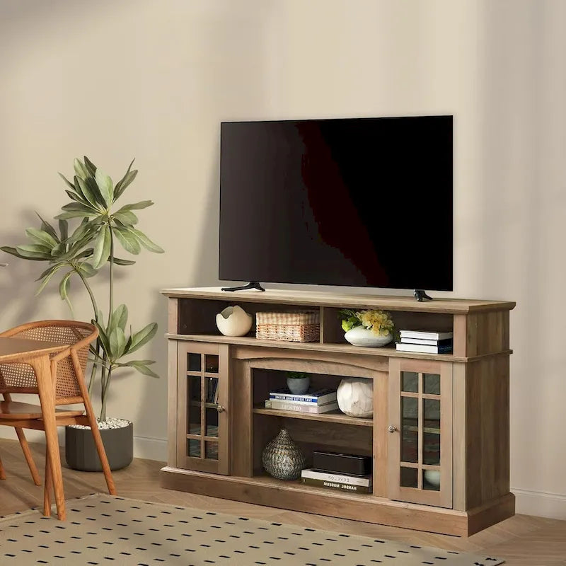 Classic TV Media Stand Glass Door Cabinet Open Shelves 65 Inch Espresso Dark Gray Wash