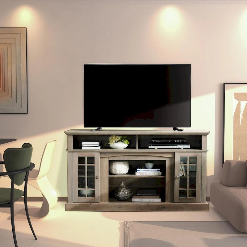 Classic TV Media Stand Glass Door Cabinet Open Shelves 65 Inch Espresso Dark Gray Wash