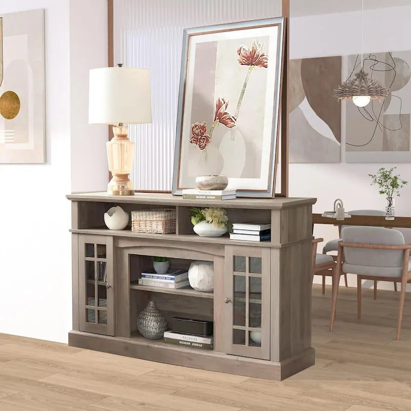 Classic TV Media Stand Glass Door Cabinet Open Shelves 65 Inch Espresso Dark Gray Wash