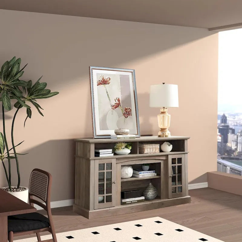 Classic TV Media Stand Glass Door Cabinet Open Shelves 65 Inch Espresso Dark Gray Wash