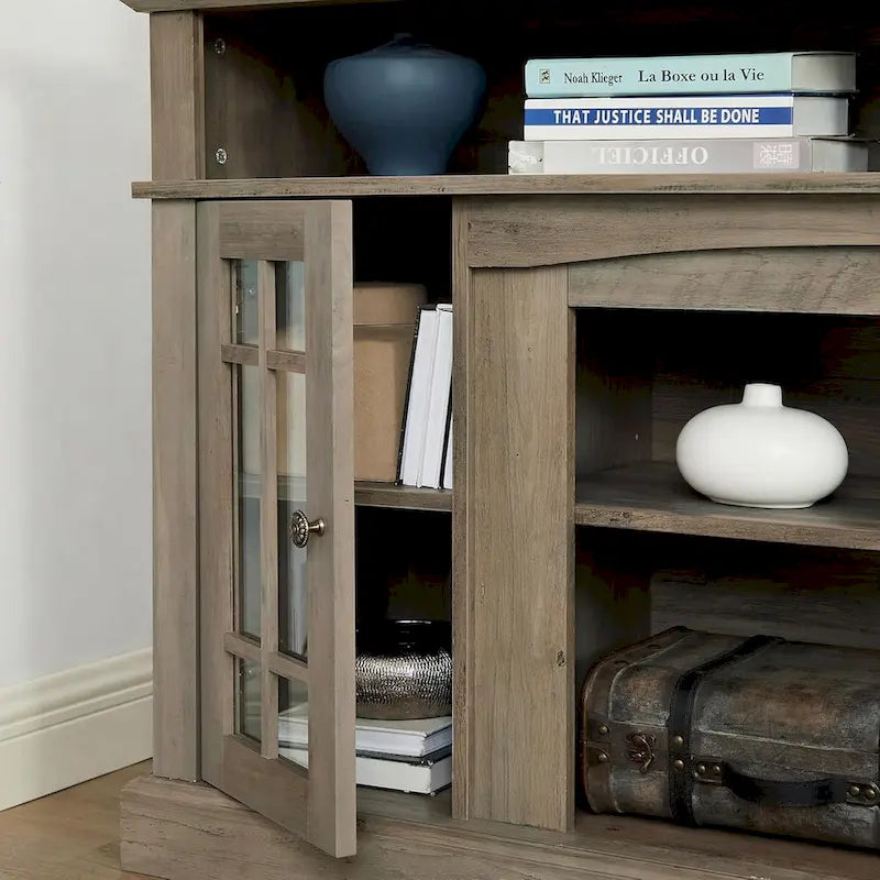 Classic TV Media Stand Glass Door Cabinet Open Shelves 65 Inch Espresso Dark Gray Wash