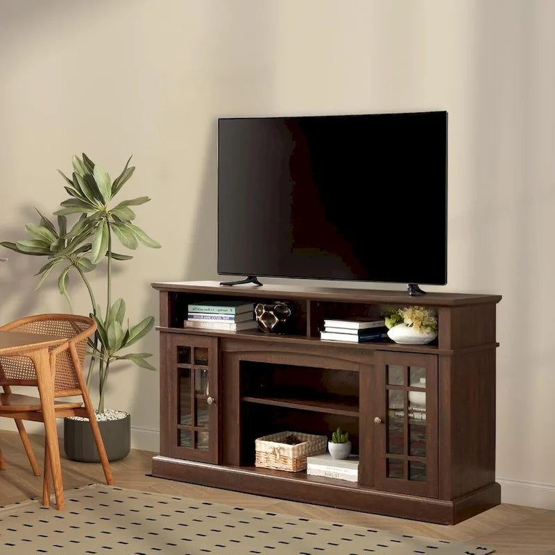 Classic TV Media Stand Glass Door Cabinet Open Shelves 65 Inch Espresso Dark Gray Wash