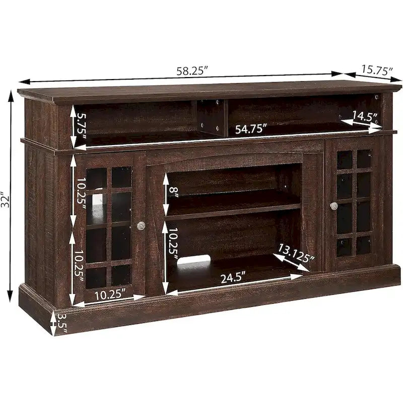 Classic TV Media Stand Glass Door Cabinet Open Shelves 65 Inch Espresso Dark Gray Wash