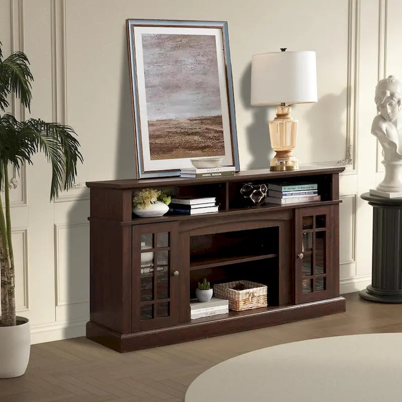 Classic TV Media Stand Glass Door Cabinet Open Shelves 65 Inch Espresso Dark Gray Wash