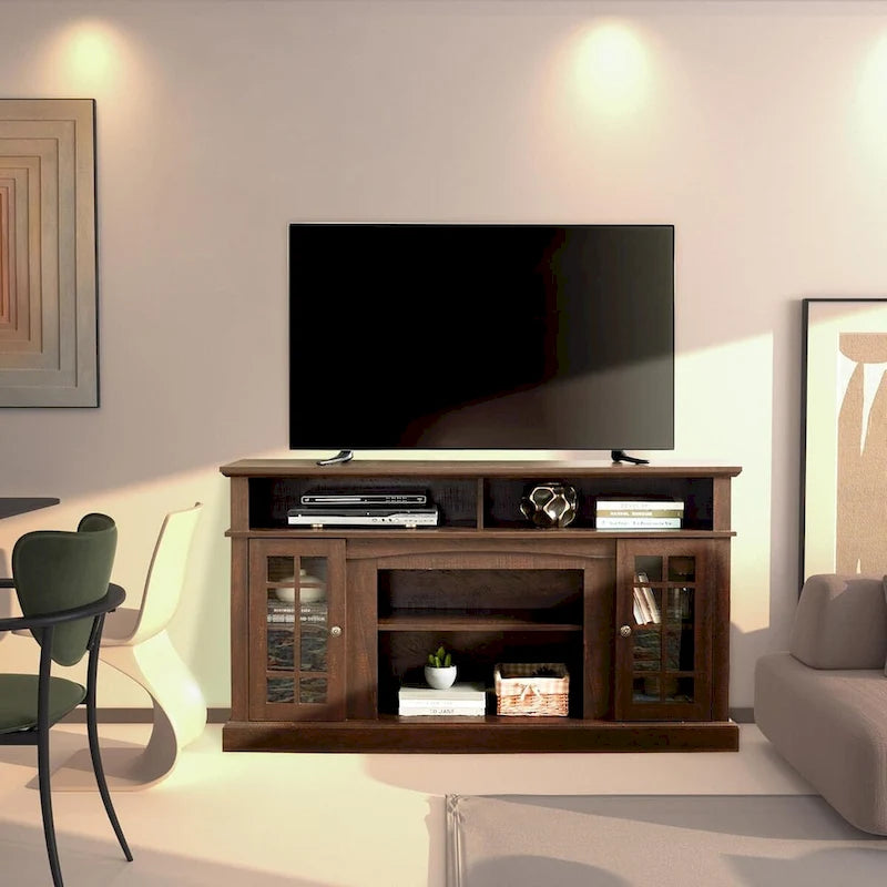 Classic TV Media Stand Glass Door Cabinet Open Shelves 65 Inch Espresso Dark Gray Wash