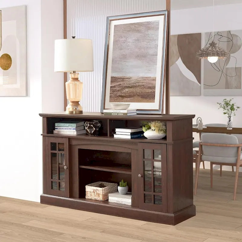 Classic TV Media Stand Glass Door Cabinet Open Shelves 65 Inch Espresso Dark Gray Wash