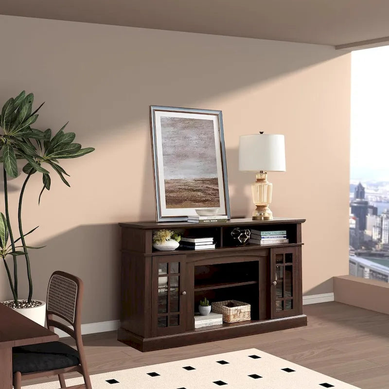 Classic TV Media Stand Glass Door Cabinet Open Shelves 65 Inch Espresso Dark Gray Wash