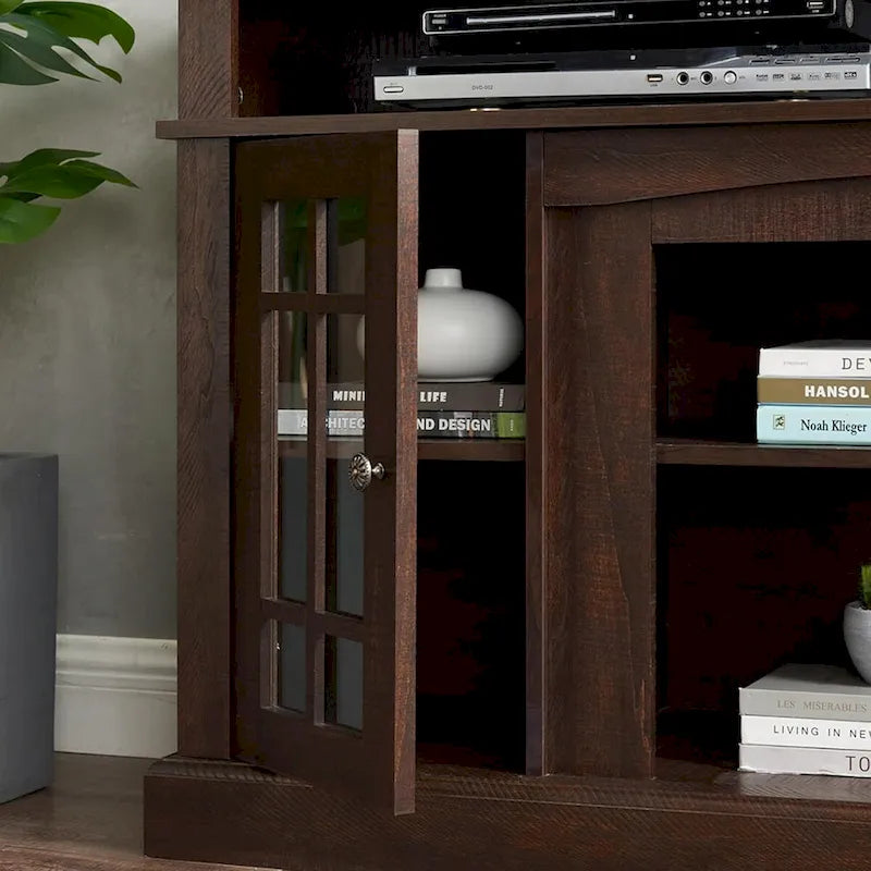 Classic TV Media Stand Glass Door Cabinet Open Shelves 65 Inch Espresso Dark Gray Wash
