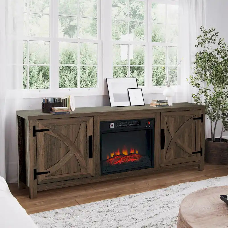 58 Inch Farmhouse TV Stand with Electric Fireplace Barn Door Cabinets Dark Brown