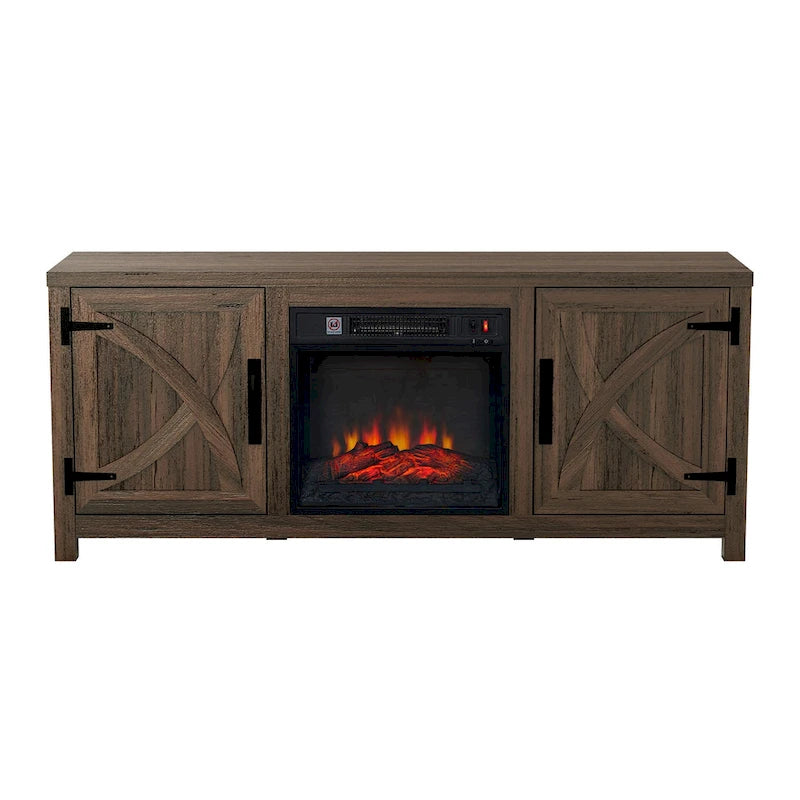 58 Inch Farmhouse TV Stand with Electric Fireplace Barn Door Cabinets Dark Brown