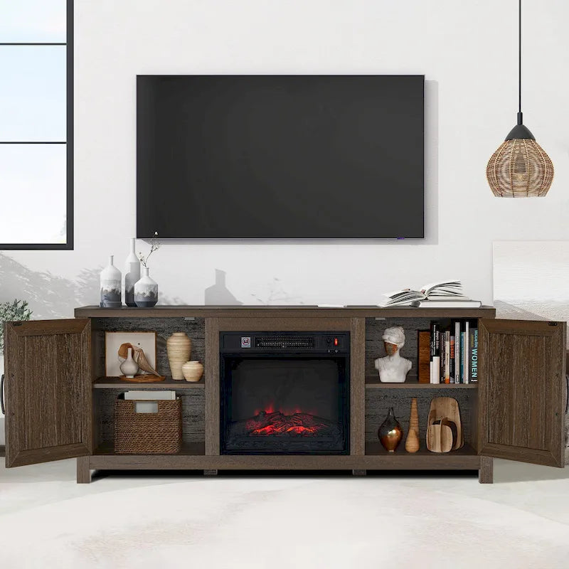 58 Inch Farmhouse TV Stand with Electric Fireplace Barn Door Cabinets Dark Brown