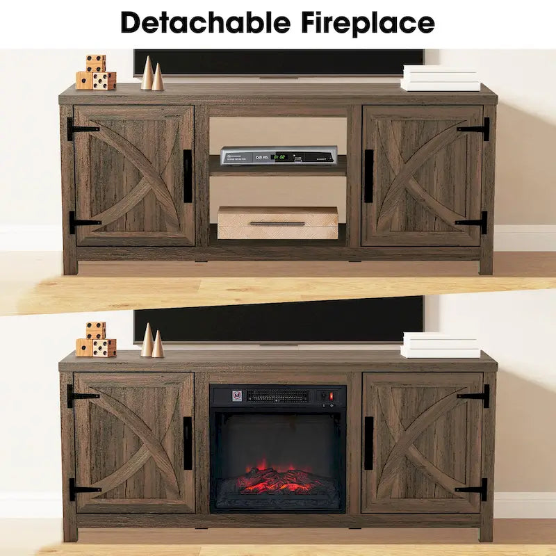 58 Inch Farmhouse TV Stand with Electric Fireplace Barn Door Cabinets Dark Brown