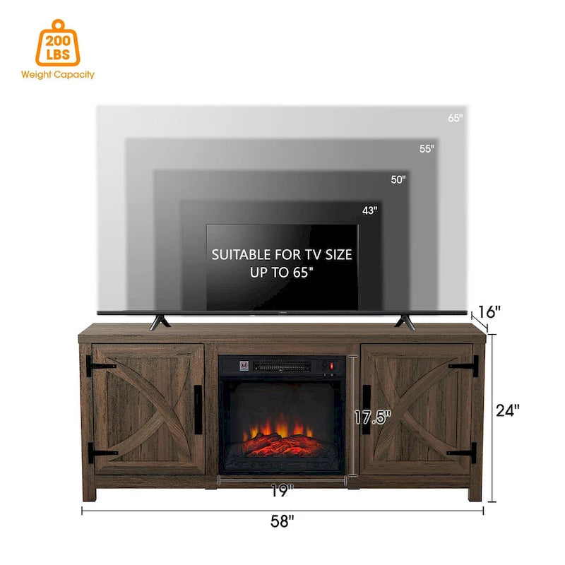 58 Inch Farmhouse TV Stand with Electric Fireplace Barn Door Cabinets Dark Brown