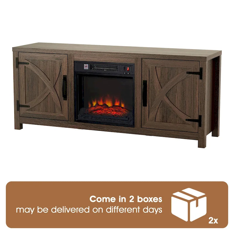 58 Inch Farmhouse TV Stand with Electric Fireplace Barn Door Cabinets Dark Brown