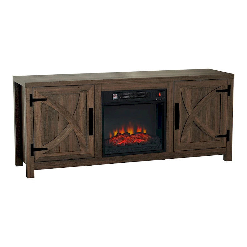 58 Inch Farmhouse TV Stand with Electric Fireplace Barn Door Cabinets Dark Brown