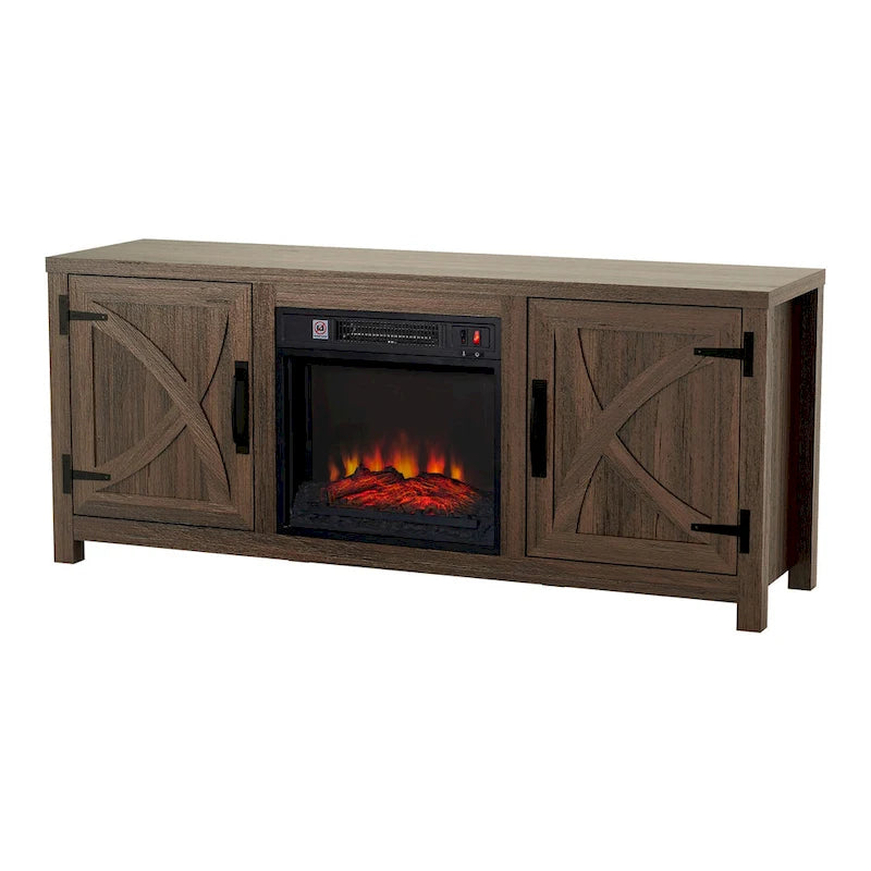 58 Inch Farmhouse TV Stand with Electric Fireplace Barn Door Cabinets Dark Brown
