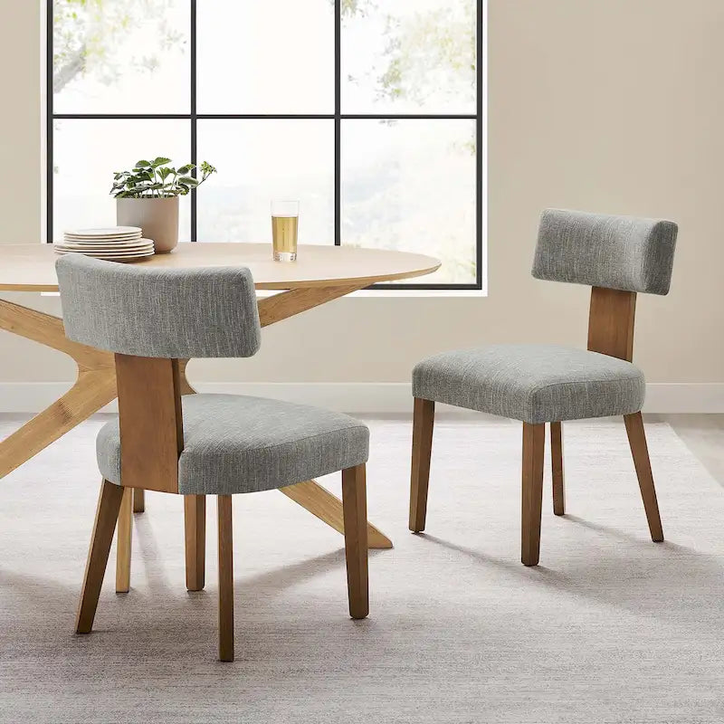 Modern Armless Dining Chair Fabric Upholstered Floating Back Set of 2 Ivory Gray Wheat