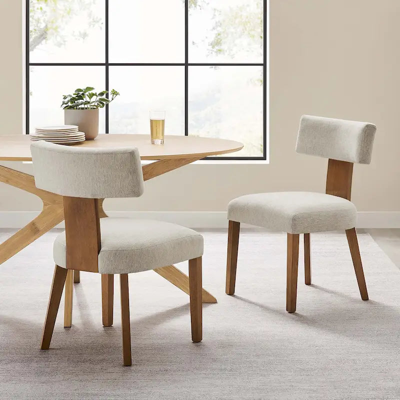 Modern Armless Dining Chair Fabric Upholstered Floating Back Set of 2 Ivory Gray Wheat