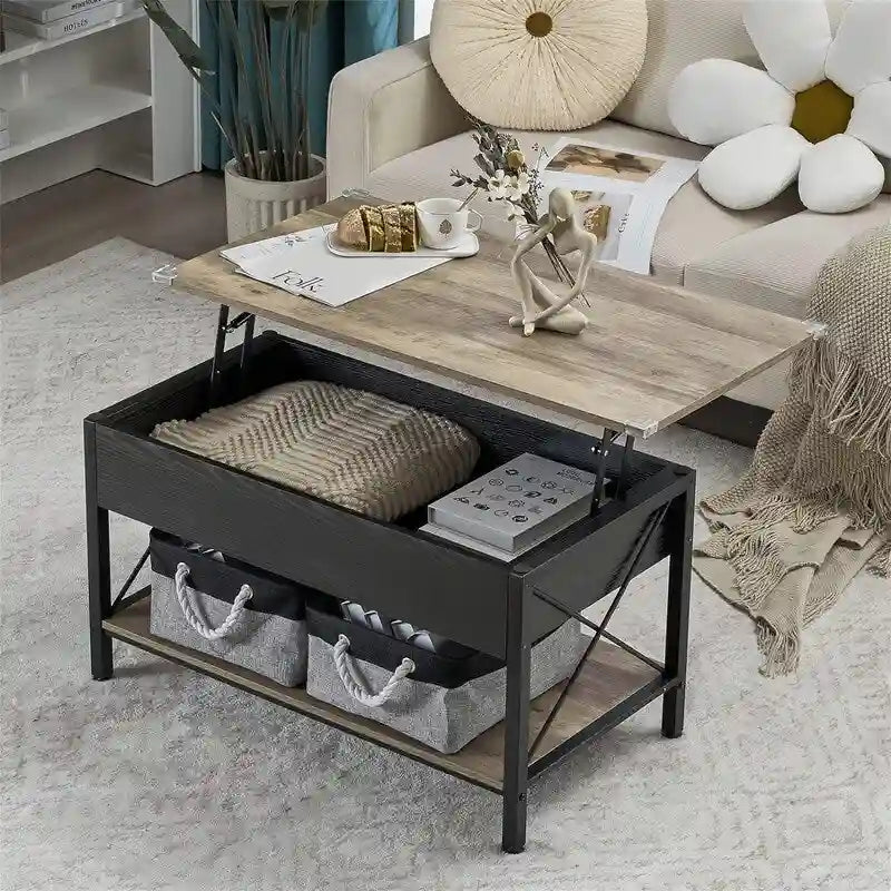 Lift Top Coffee Table Hidden Compartment Cloth Storage Bins Rustic Grey White