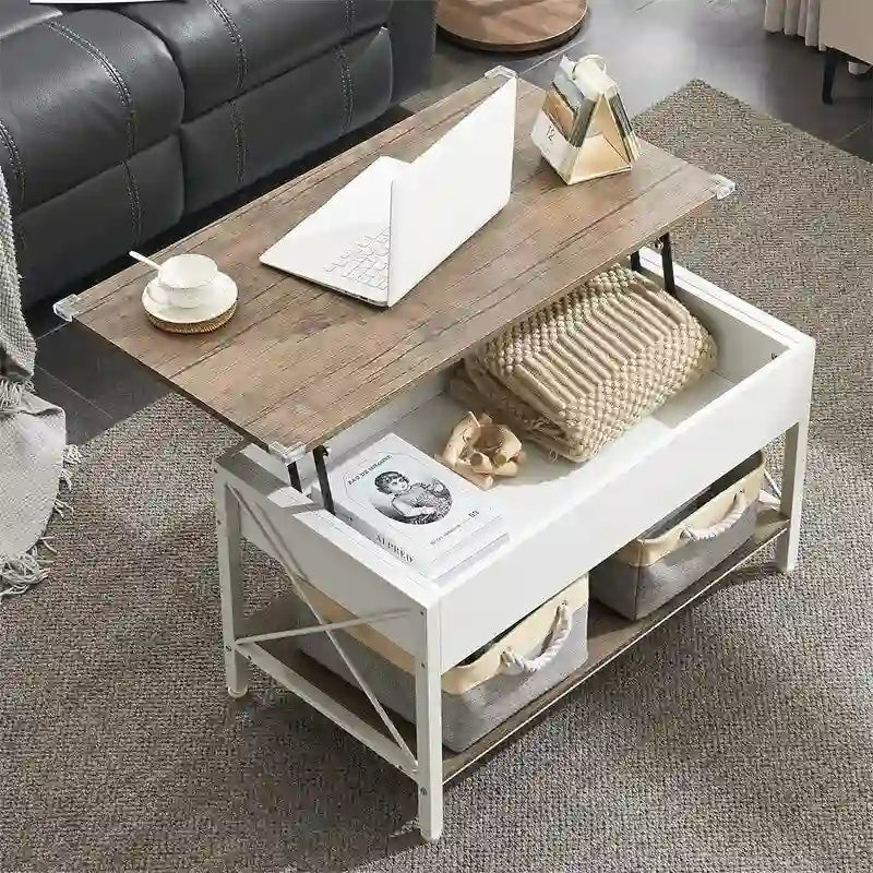 Lift Top Coffee Table Hidden Compartment Cloth Storage Bins Rustic Grey White
