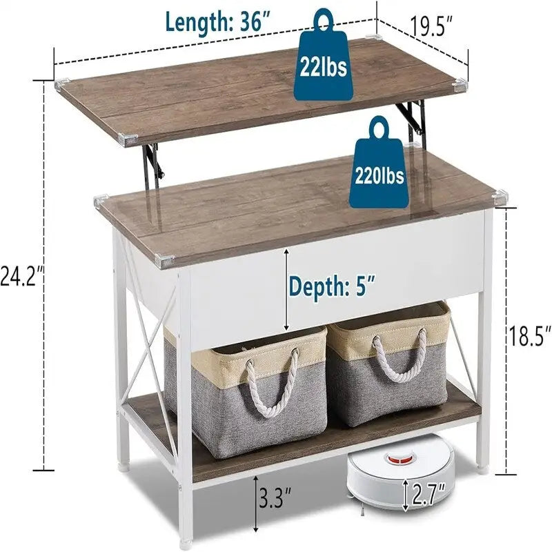 Lift Top Coffee Table Hidden Compartment Cloth Storage Bins Rustic Grey White