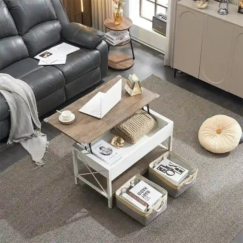Lift Top Coffee Table Hidden Compartment Cloth Storage Bins Rustic Grey White