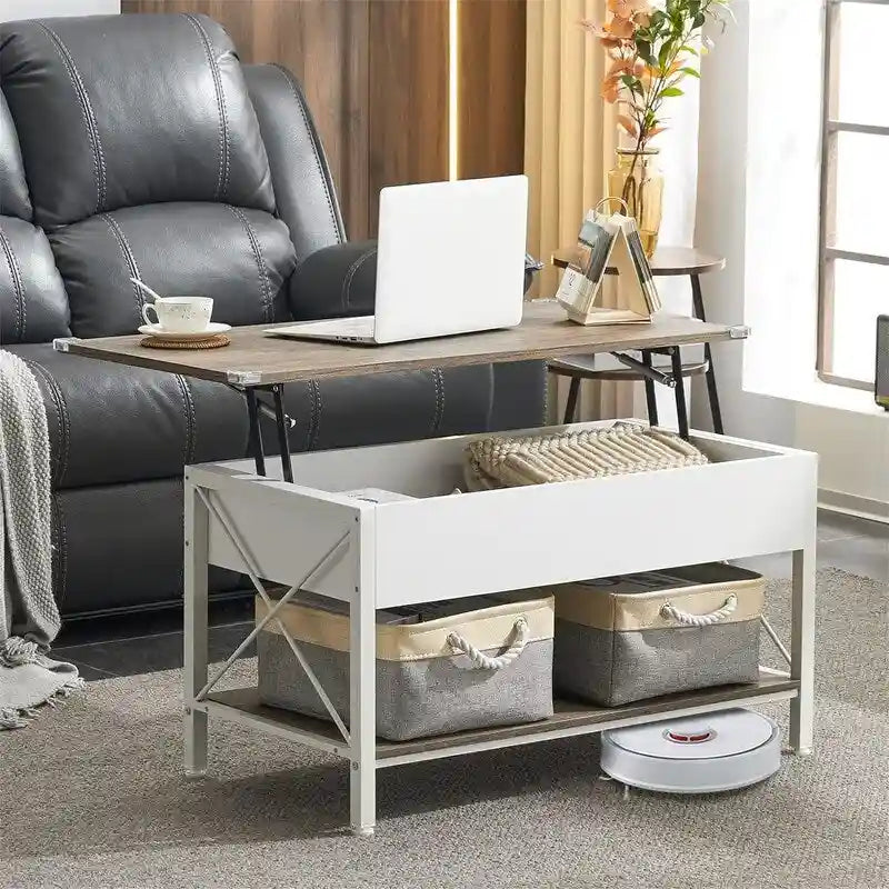 Lift Top Coffee Table Hidden Compartment Cloth Storage Bins Rustic Grey White