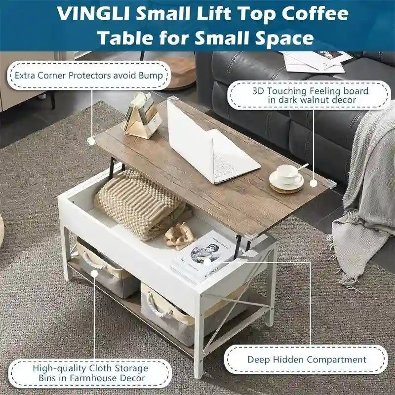 Lift Top Coffee Table Hidden Compartment Cloth Storage Bins Rustic Grey White