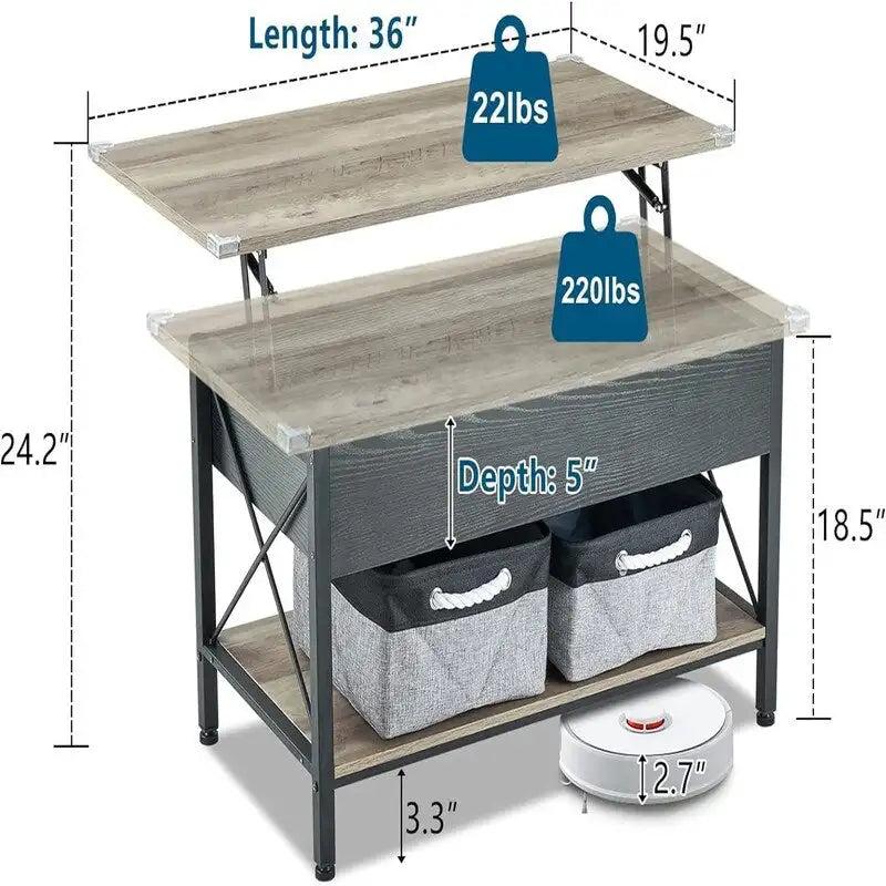Lift Top Coffee Table Hidden Compartment Cloth Storage Bins Rustic Grey White