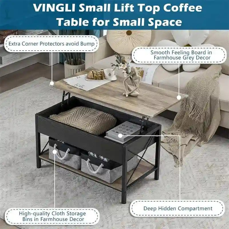 Lift Top Coffee Table Hidden Compartment Cloth Storage Bins Rustic Grey White