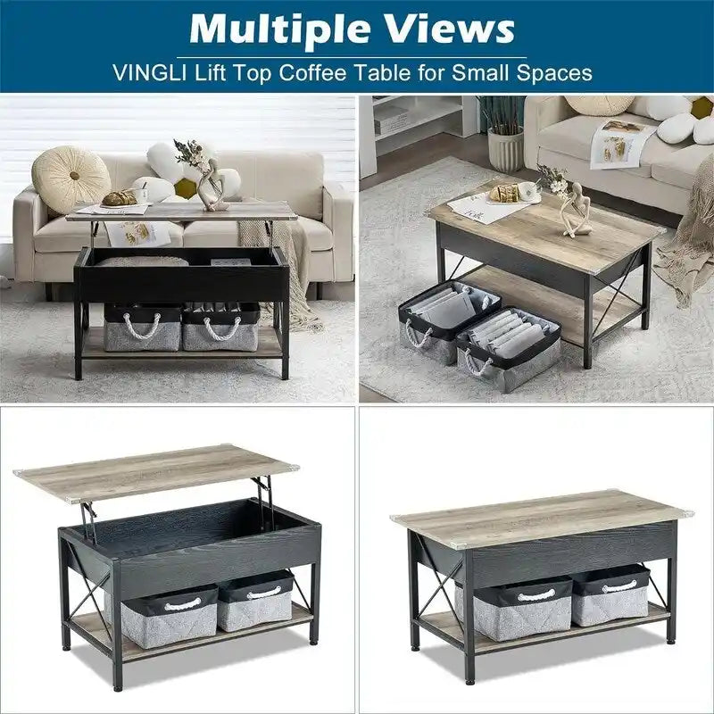 Lift Top Coffee Table Hidden Compartment Cloth Storage Bins Rustic Grey White