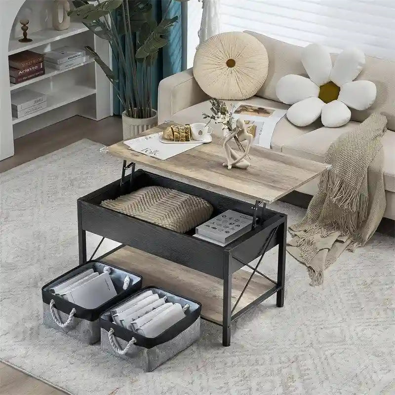 Lift Top Coffee Table Hidden Compartment Cloth Storage Bins Rustic Grey White