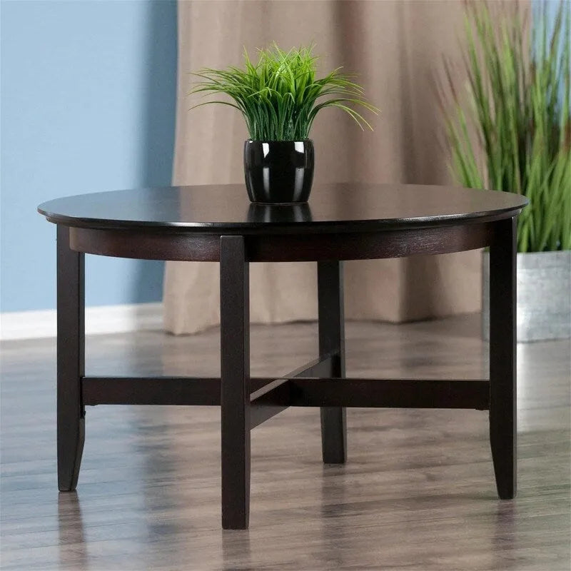 Round Solid Wood Coffee Table Shaker Legs X Crossbar Espresso MDF Top