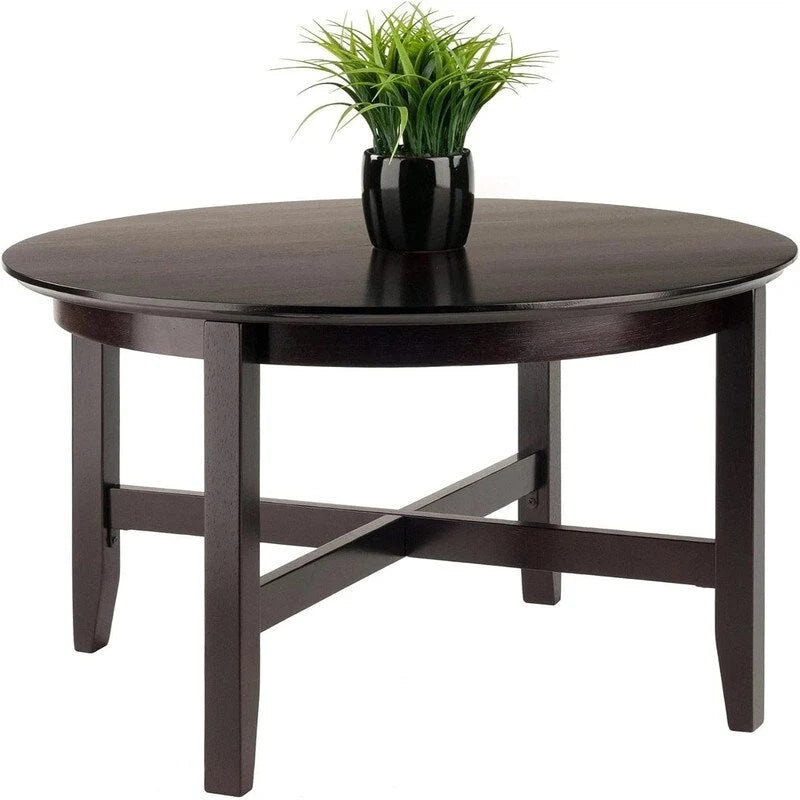 Round Solid Wood Coffee Table Shaker Legs X Crossbar Espresso MDF Top