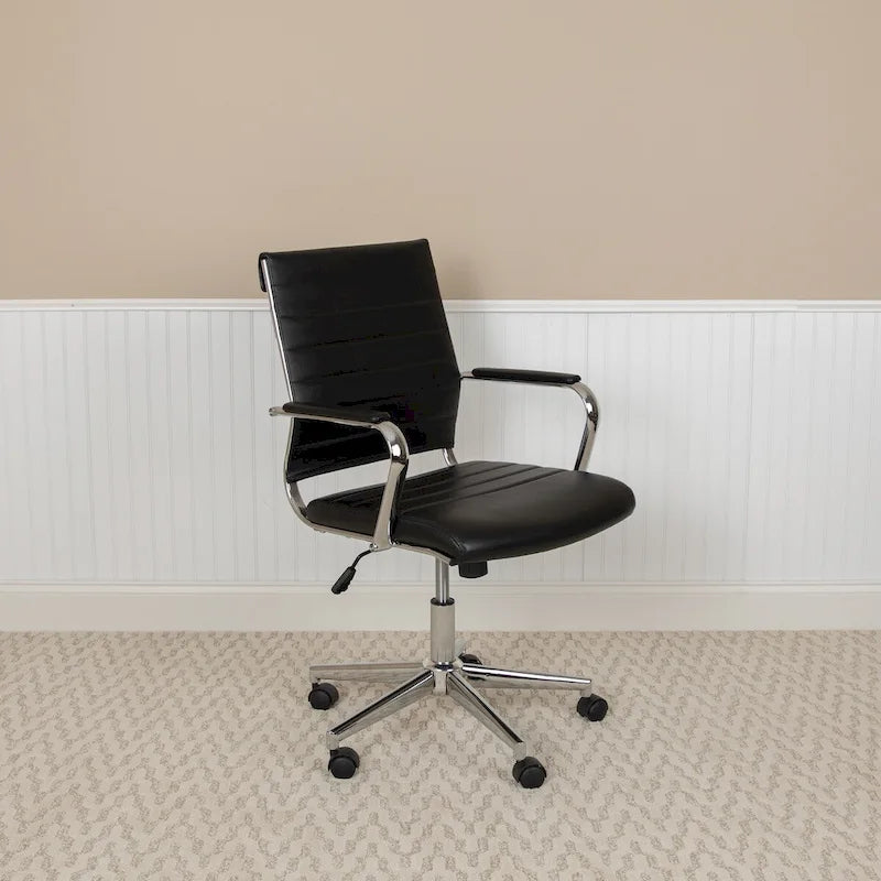 Mid-Back Ribbed LeatherSoft Executive Swivel Office Chair Chrome Arms Coat Hanger Black White