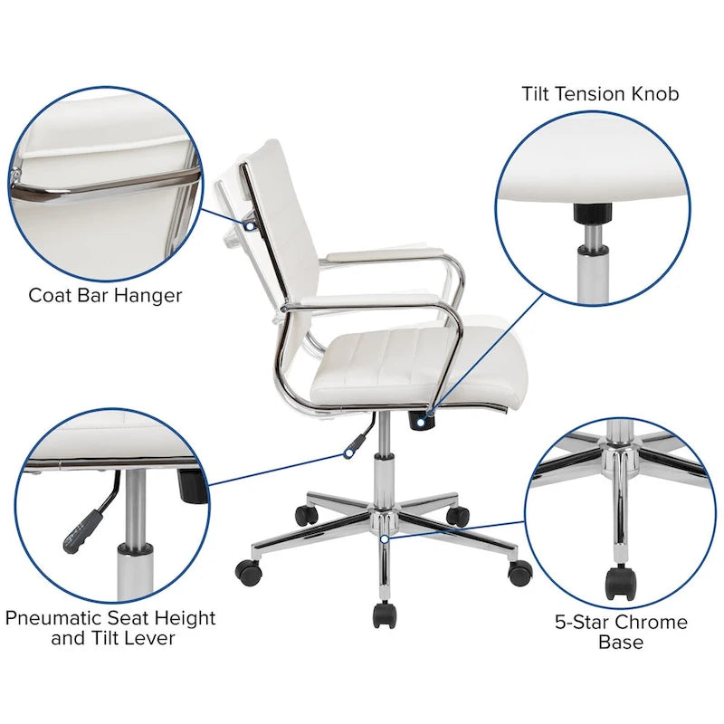 Mid-Back Ribbed LeatherSoft Executive Swivel Office Chair Chrome Arms Coat Hanger Black White