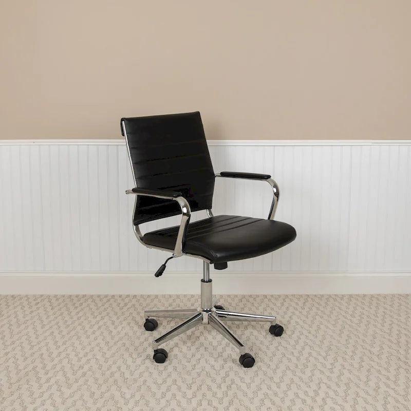 Mid-Back Ribbed LeatherSoft Executive Swivel Office Chair Chrome Arms Coat Hanger Black White
