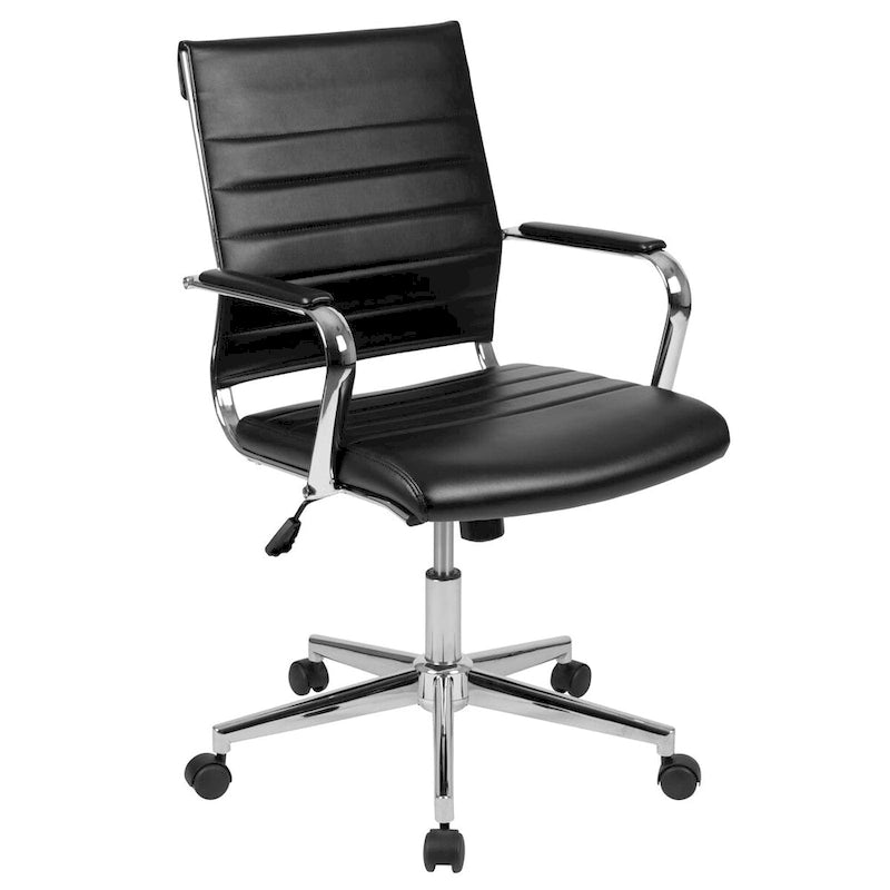 Mid-Back Ribbed LeatherSoft Executive Swivel Office Chair Chrome Arms Coat Hanger Black White