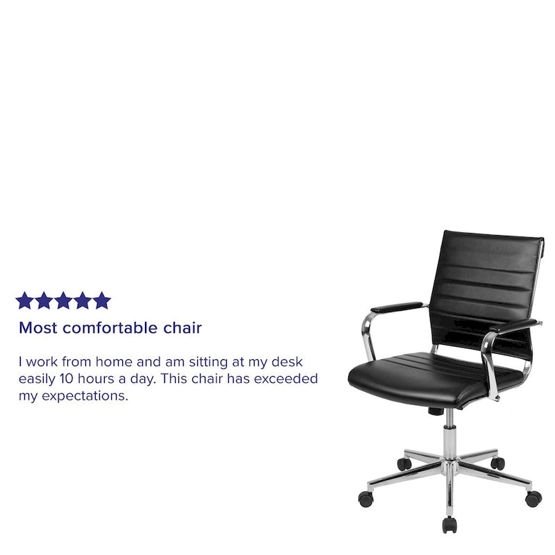 Mid-Back Ribbed LeatherSoft Executive Swivel Office Chair Chrome Arms Coat Hanger Black White