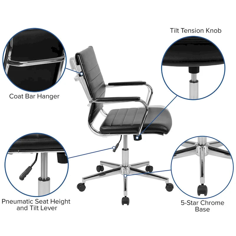 Mid-Back Ribbed LeatherSoft Executive Swivel Office Chair Chrome Arms Coat Hanger Black White