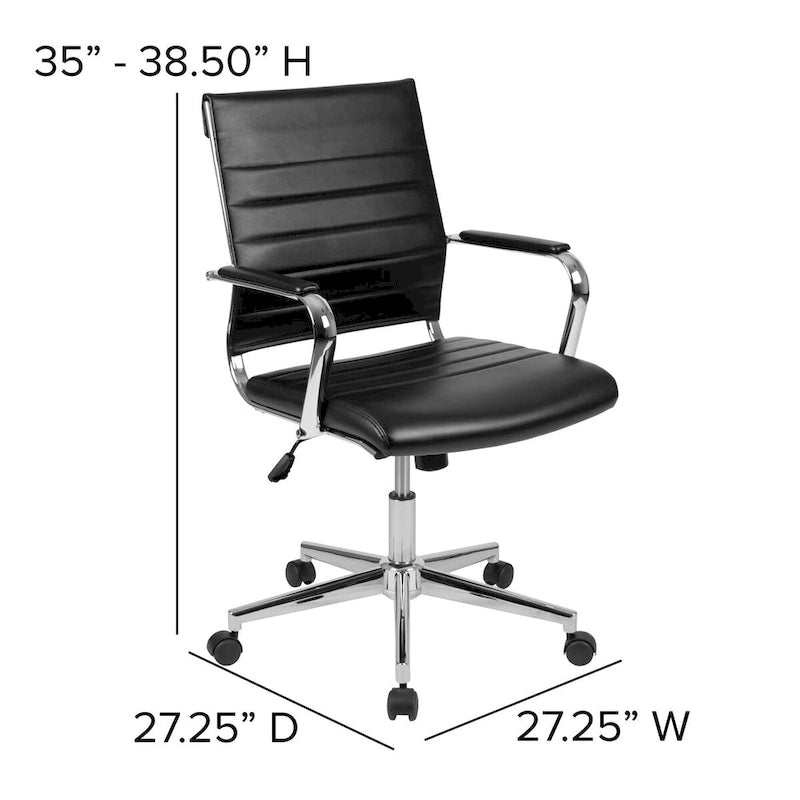 Mid-Back Ribbed LeatherSoft Executive Swivel Office Chair Chrome Arms Coat Hanger Black White