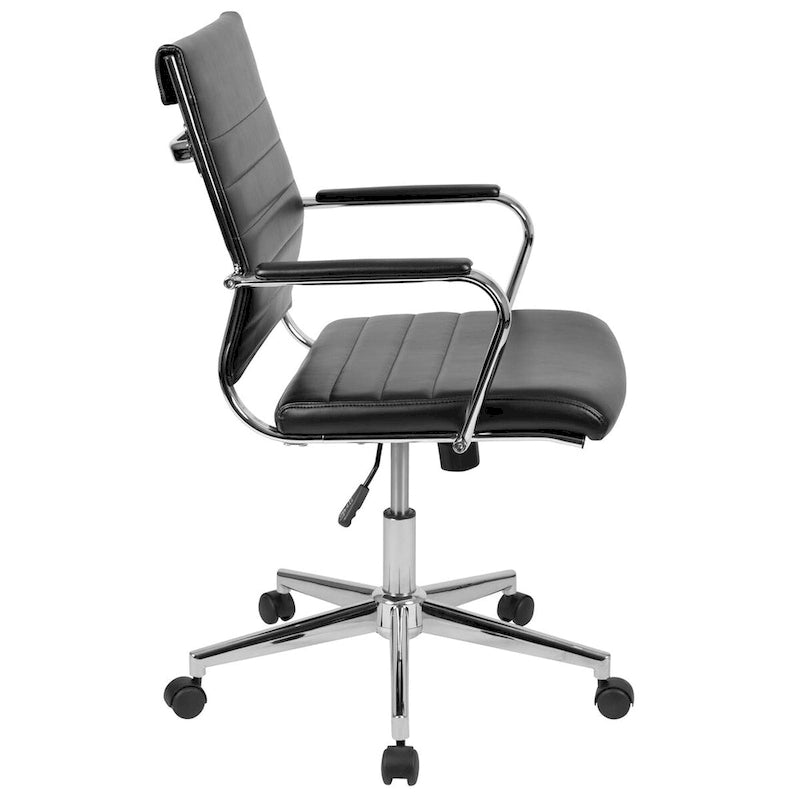Mid-Back Ribbed LeatherSoft Executive Swivel Office Chair Chrome Arms Coat Hanger Black White