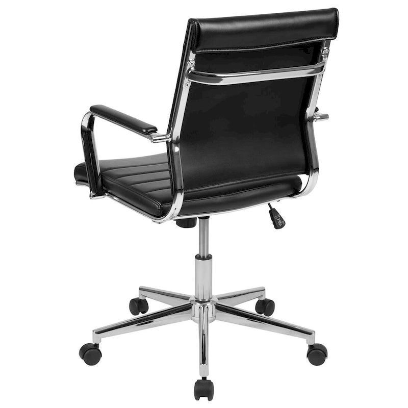 Mid-Back Ribbed LeatherSoft Executive Swivel Office Chair Chrome Arms Coat Hanger Black White
