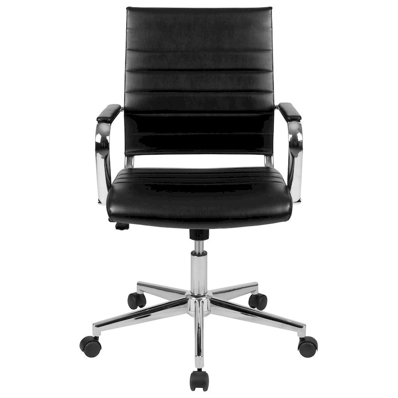 Mid-Back Ribbed LeatherSoft Executive Swivel Office Chair Chrome Arms Coat Hanger Black White