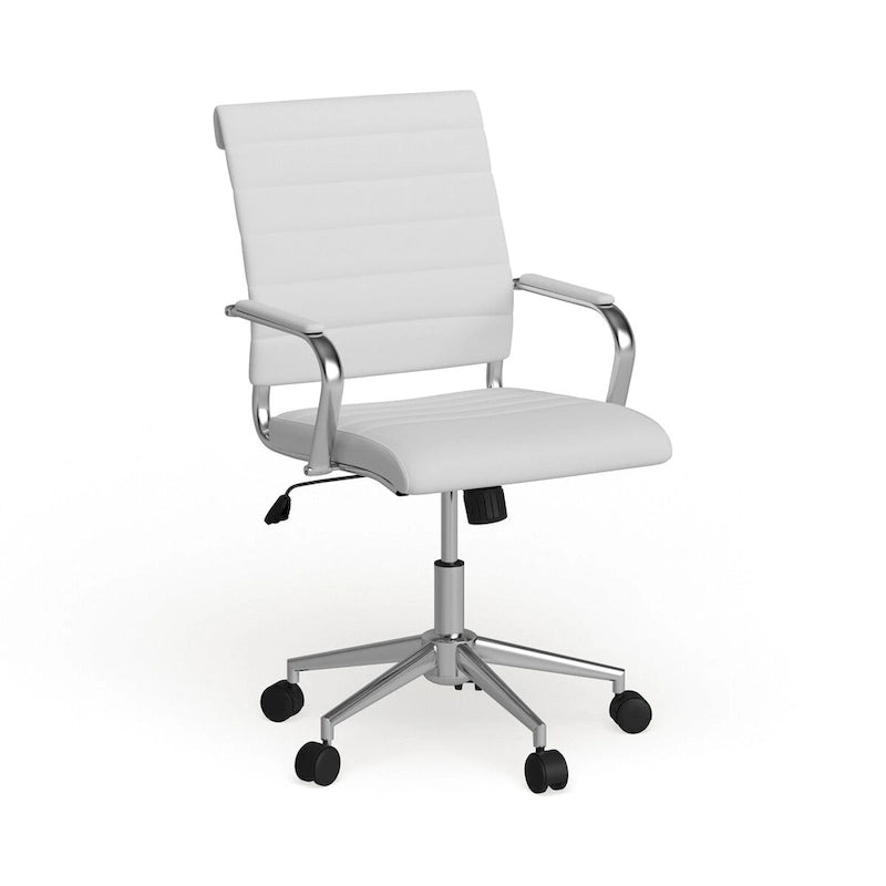 Mid-Back Ribbed LeatherSoft Executive Swivel Office Chair Chrome Arms Coat Hanger Black White