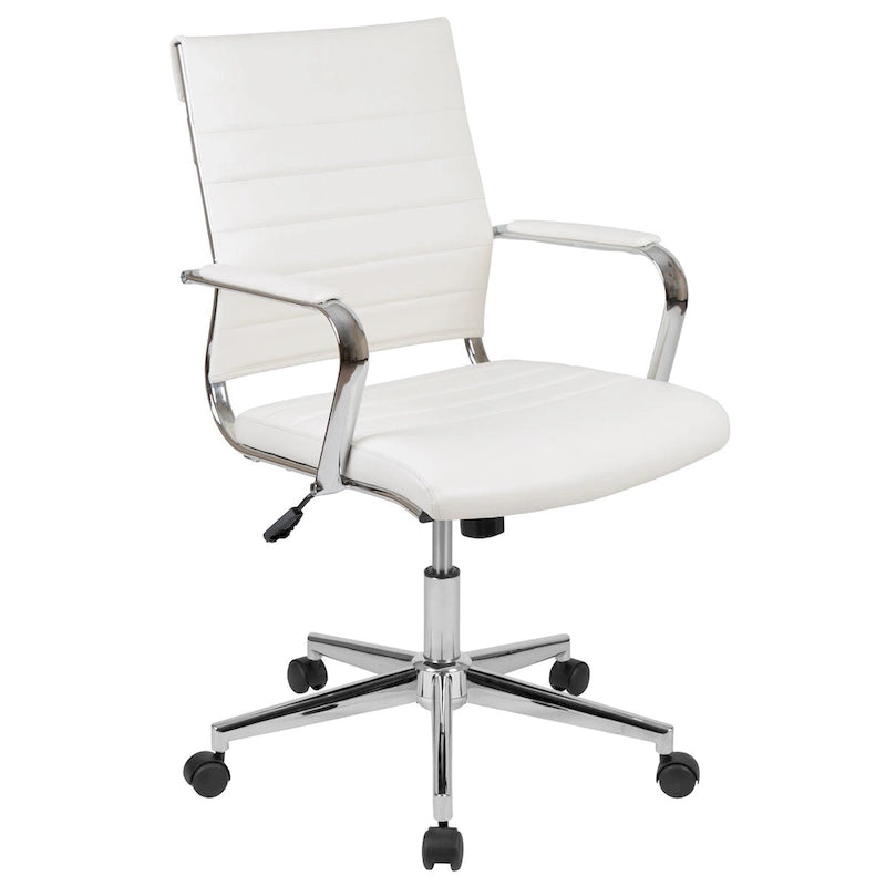 Mid-Back Ribbed LeatherSoft Executive Swivel Office Chair Chrome Arms Coat Hanger Black White