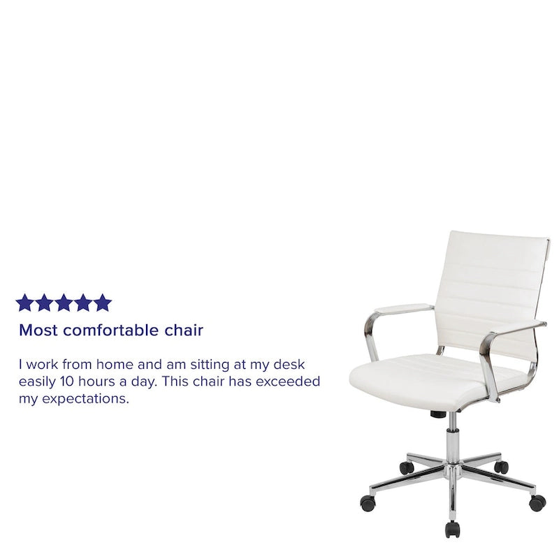 Mid-Back Ribbed LeatherSoft Executive Swivel Office Chair Chrome Arms Coat Hanger Black White