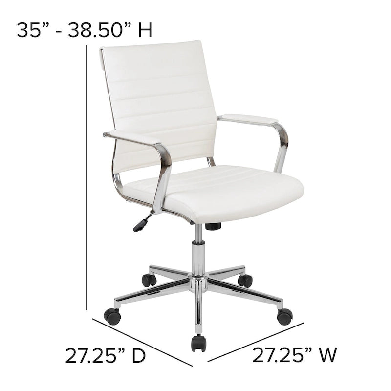 Mid-Back Ribbed LeatherSoft Executive Swivel Office Chair Chrome Arms Coat Hanger Black White
